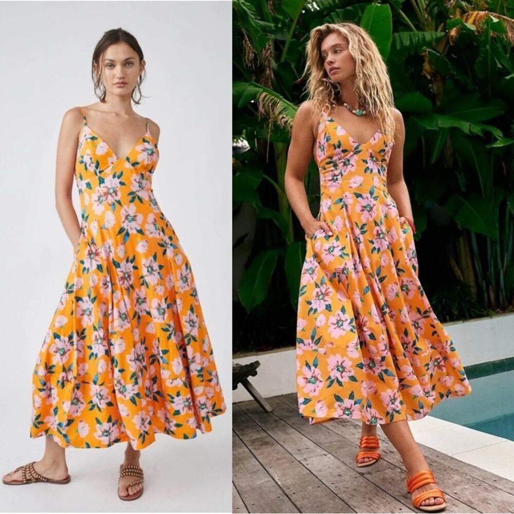 Free People Finer Things Printed Halter Midi Dress Sunshine Combo Tropical Small - Picture 9 of 16